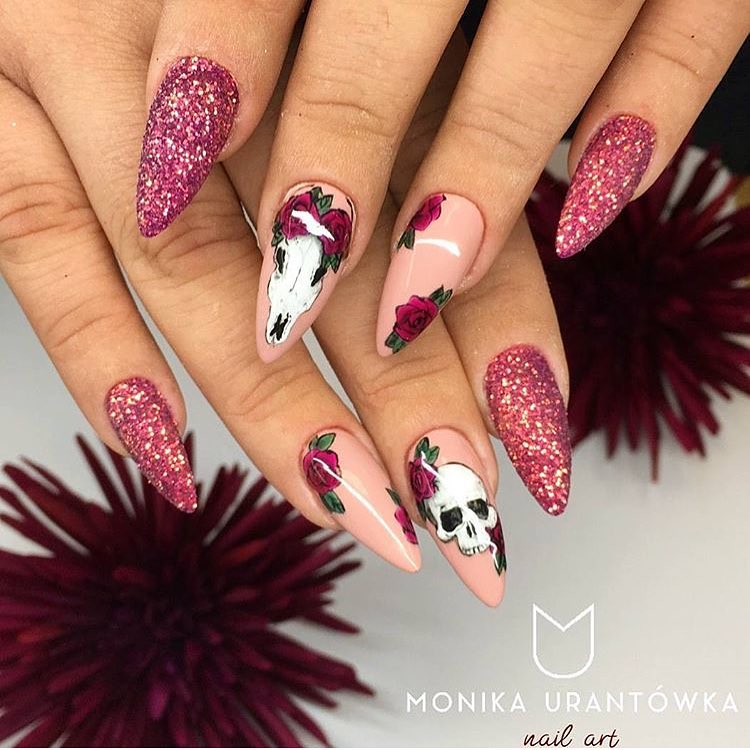 Skulls & Roses Halloween Nail Art Design Idea