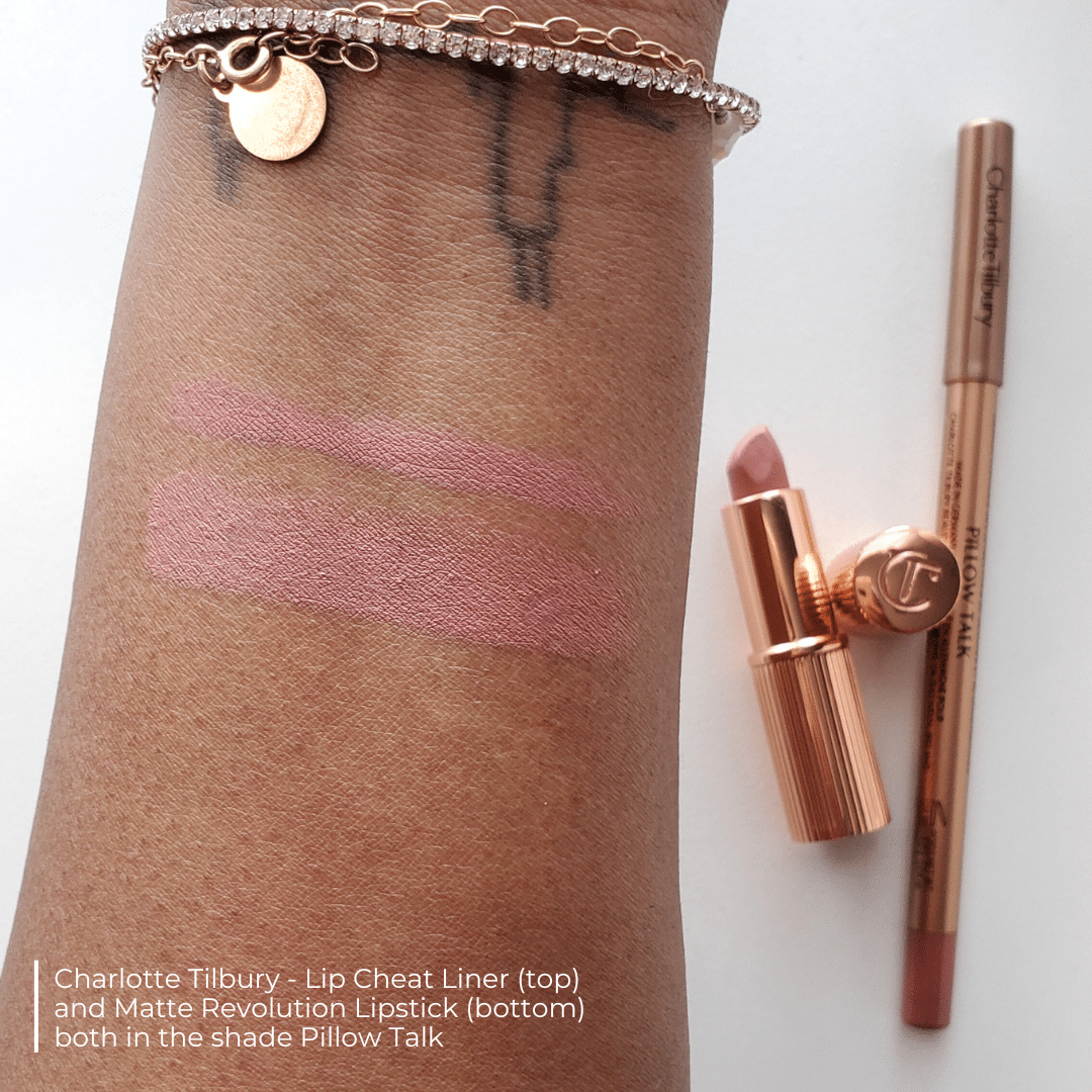 Charlotte Tilbury Pillow Talk Lipstick and Lip Liner Swatch on dark skin