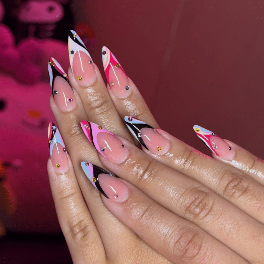 Almond Pink Blue and Black Pucci Dopamine Nails