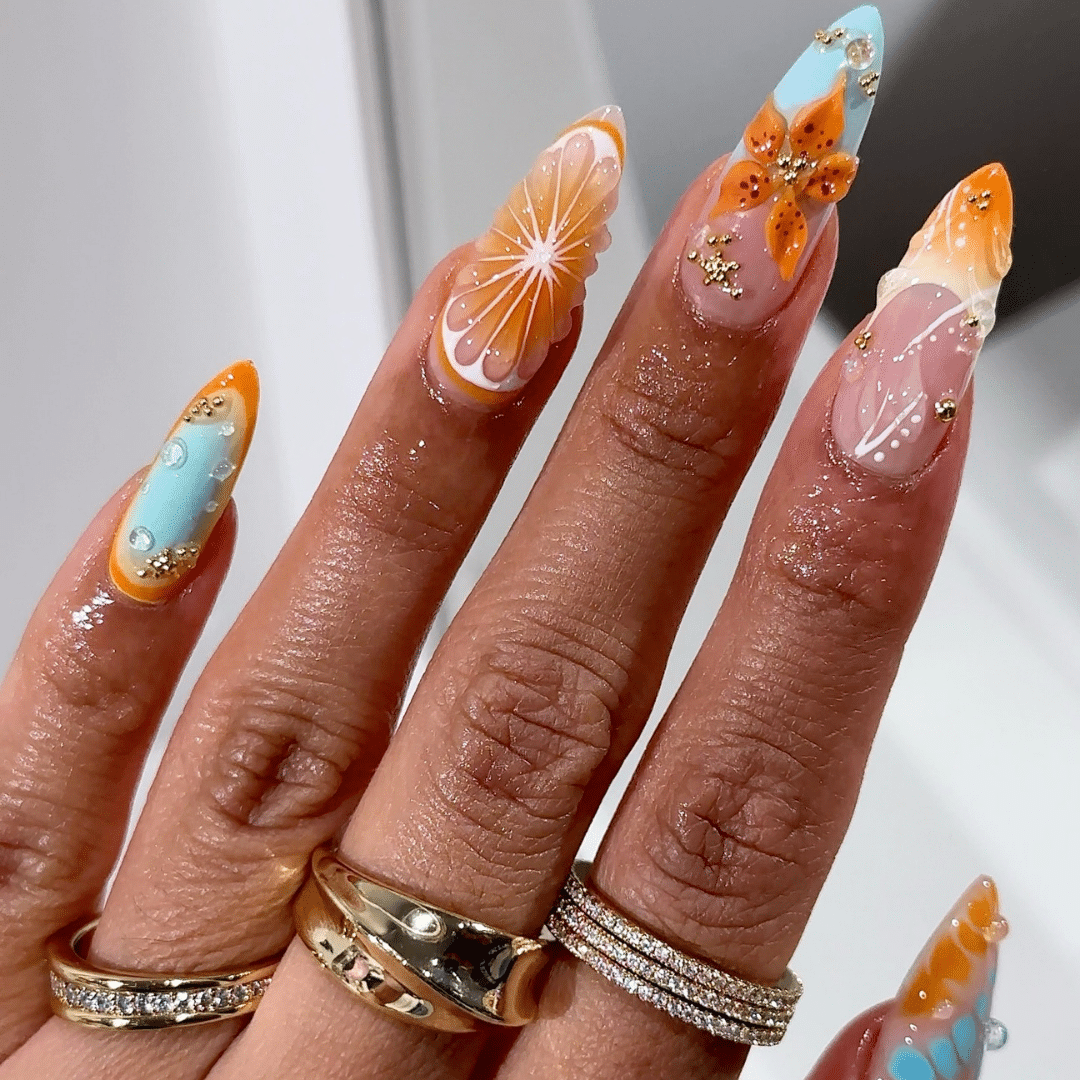 Blue and Orange Tropical Almond Dopamine Nails
