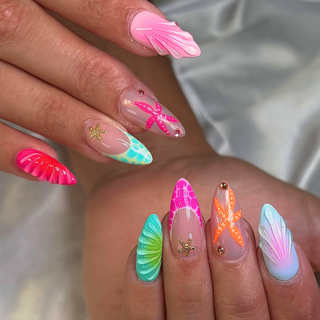 Bright Mermaid Pink and Blue Almond Dopamine Nails