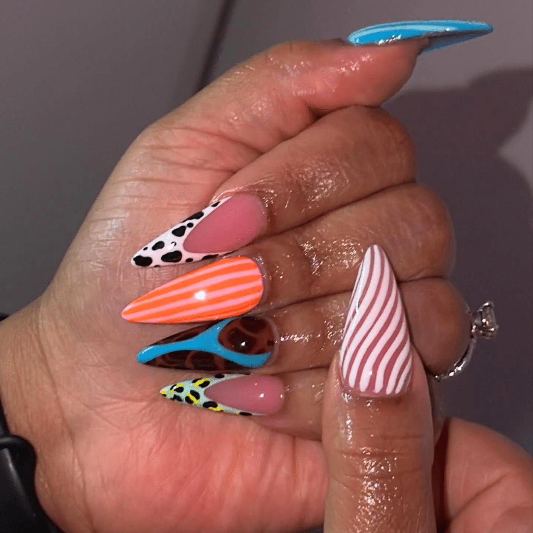 Cowprint Neon and Stripes Dopamine Nails