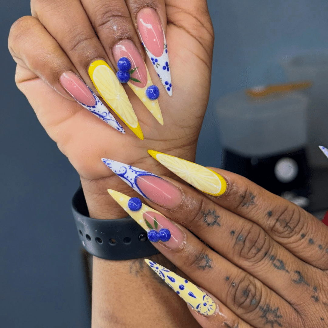 Lemon Yellow and Blueberry Blue Long Stiletto Dopamine Nails