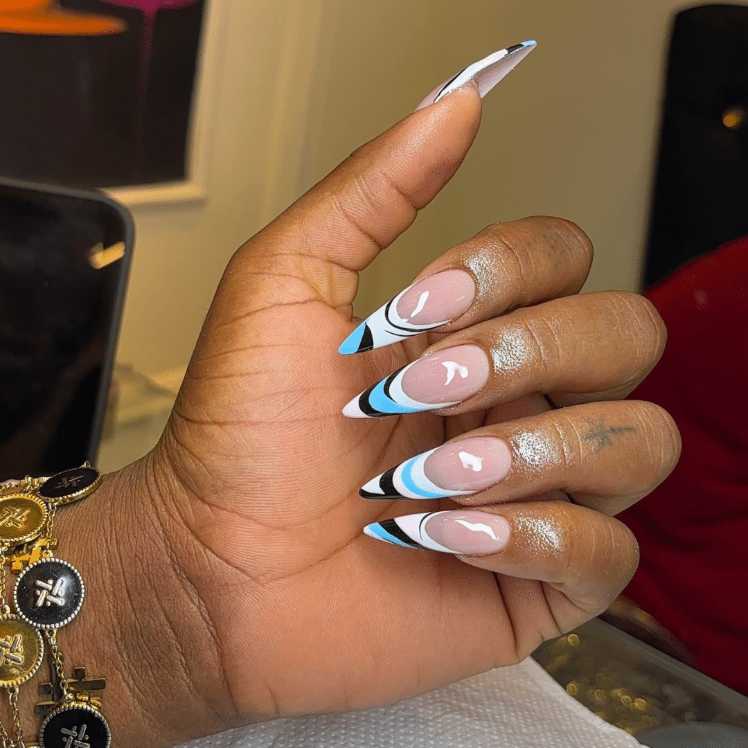 Long Almond Blue and White Pucci Dopamine Nails