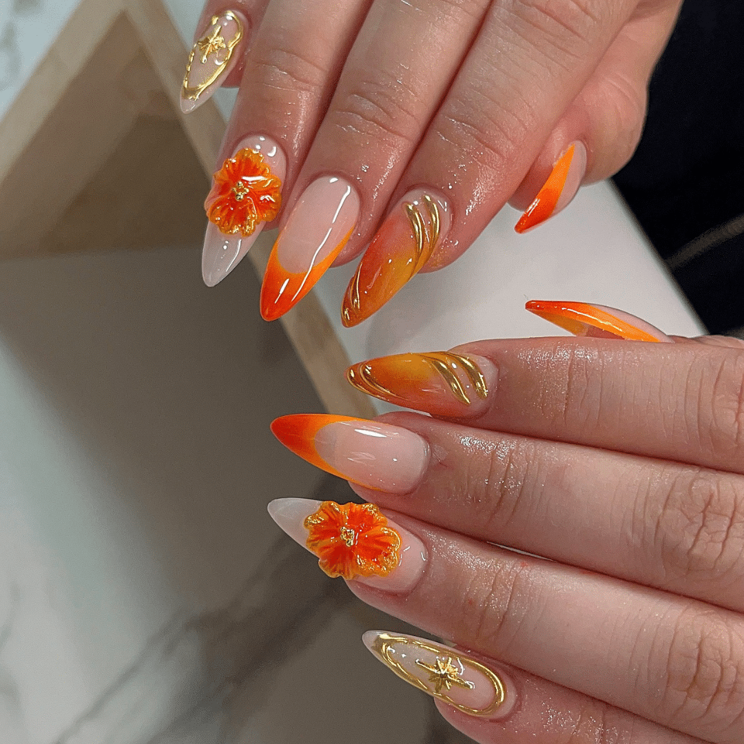 Neon Orange Flower Dopamine Nails