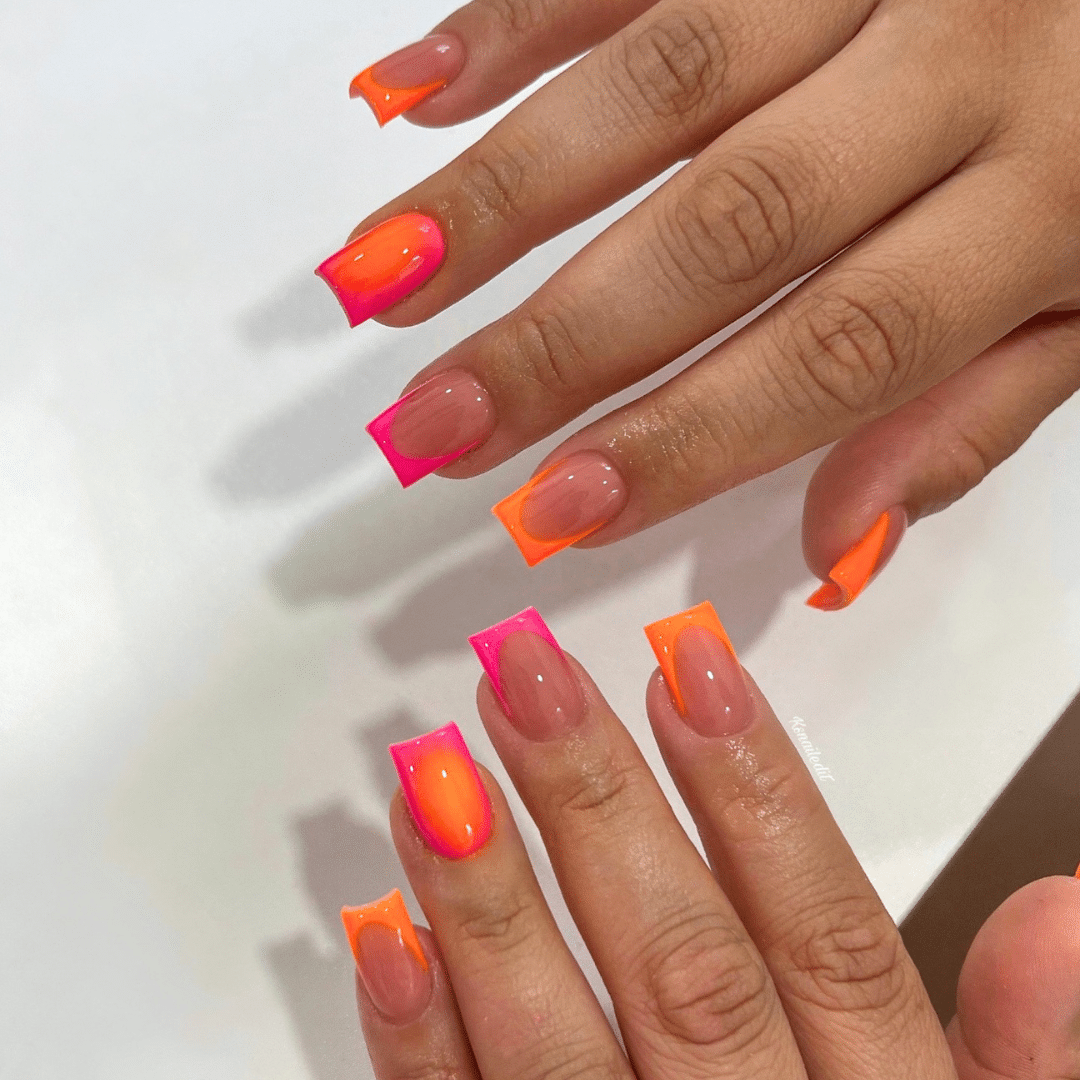 Neon Pink and Orange Short Square Dopamine Nails