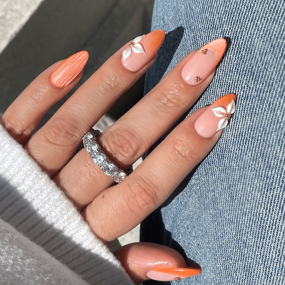 Orange French Tip Flower Dopamine Nails