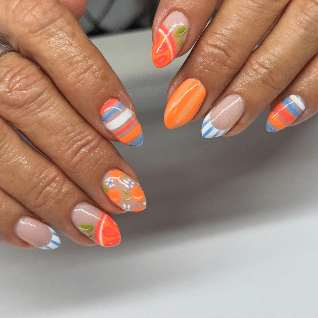 Orange Fruit and Blue Short Almond Dopamine Nails