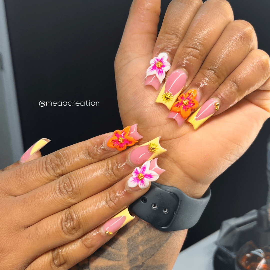 Pink and Yellow Tropical Square Dopamine Nails
