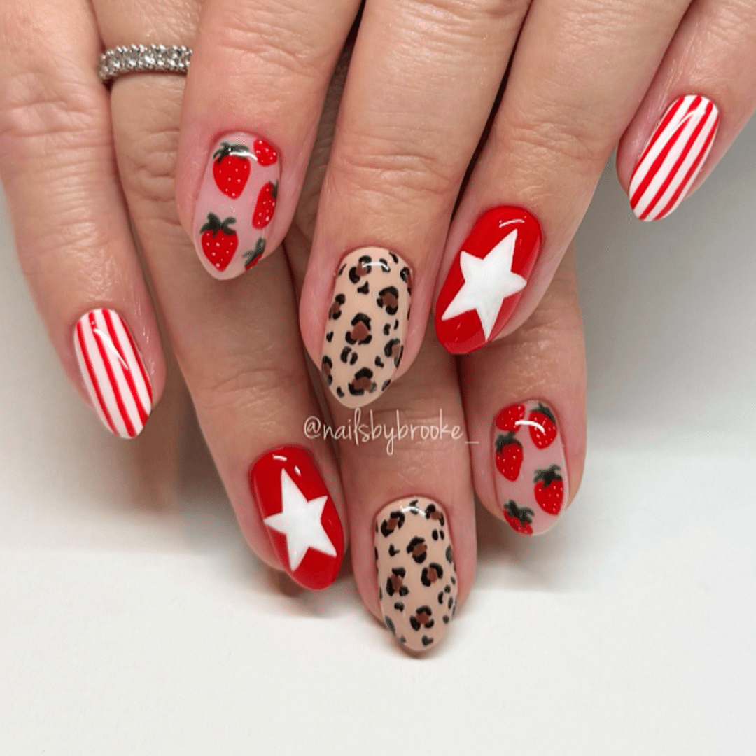 Red Animal Print and Strawberry Dopamine Nails
