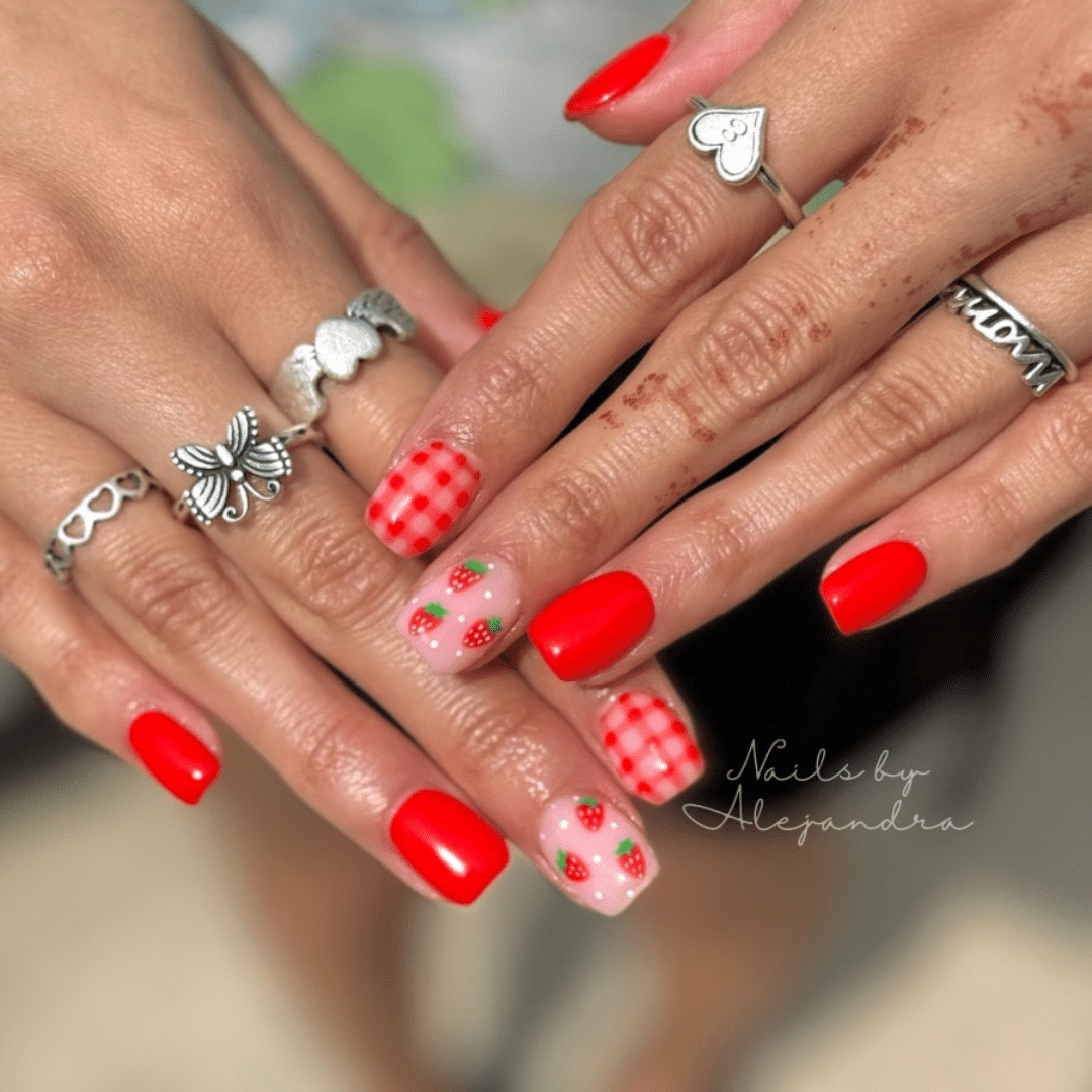 Strawberry Picnic Red Dopamine Nails
