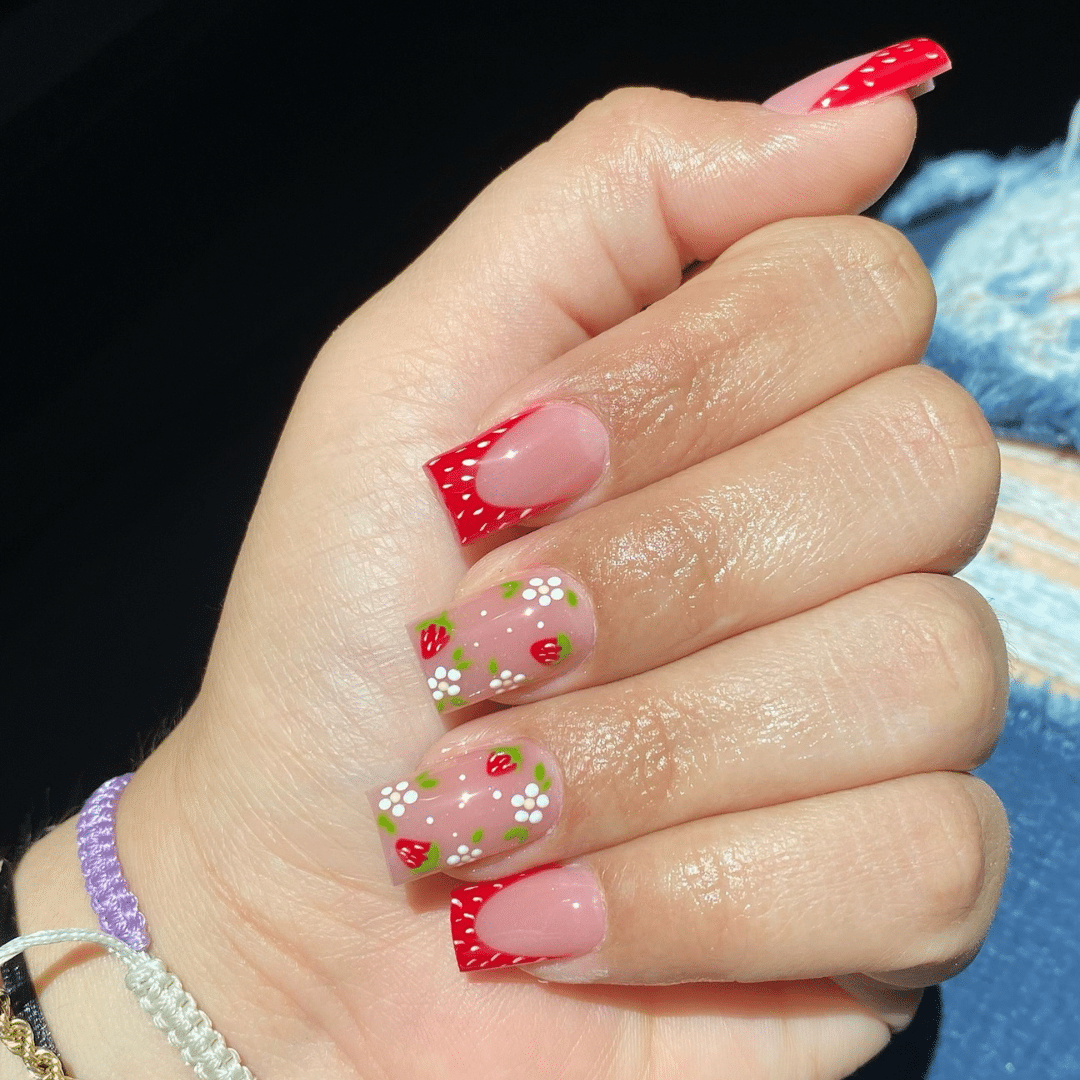Strawberry Short Square French Tip Dopamine Nails